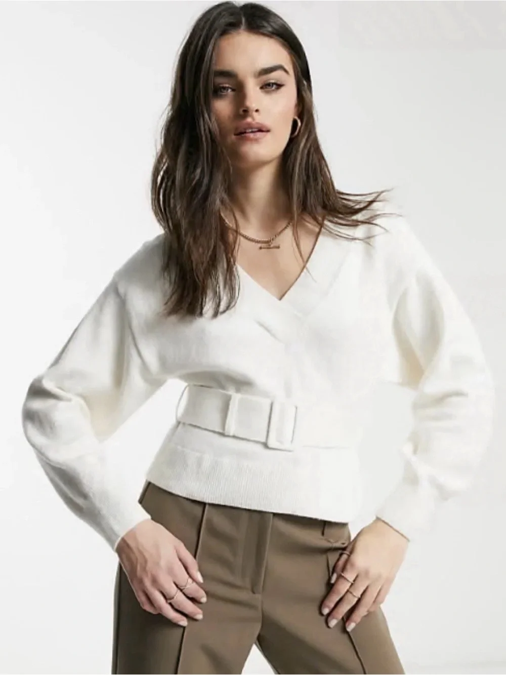 & Other Stories Belted balloon sleeve sweat in off white Size M